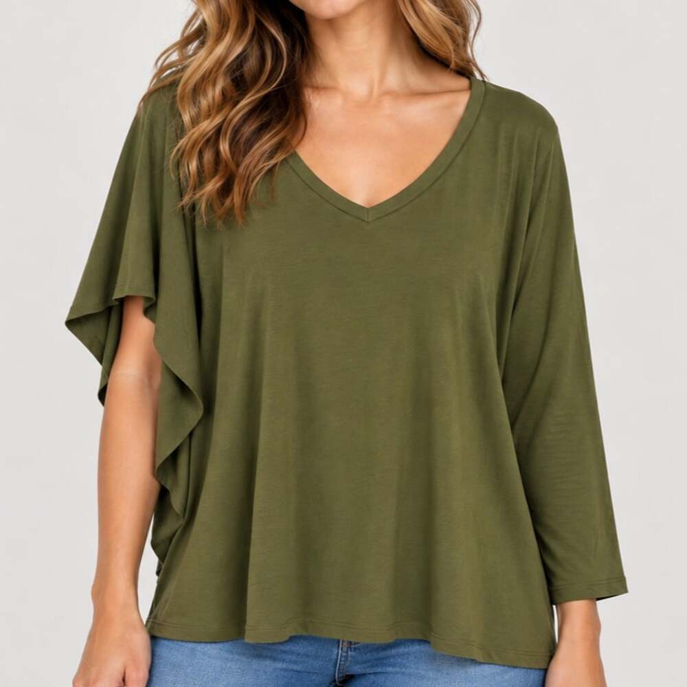 Olive Green Asymmetrical V-Neck Top Cape Poncho Sleeve Blouse